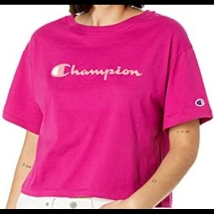NEW Champion Heritage Women's Cropped Tee Fuchsia Pink Script Logo Crop Top XL